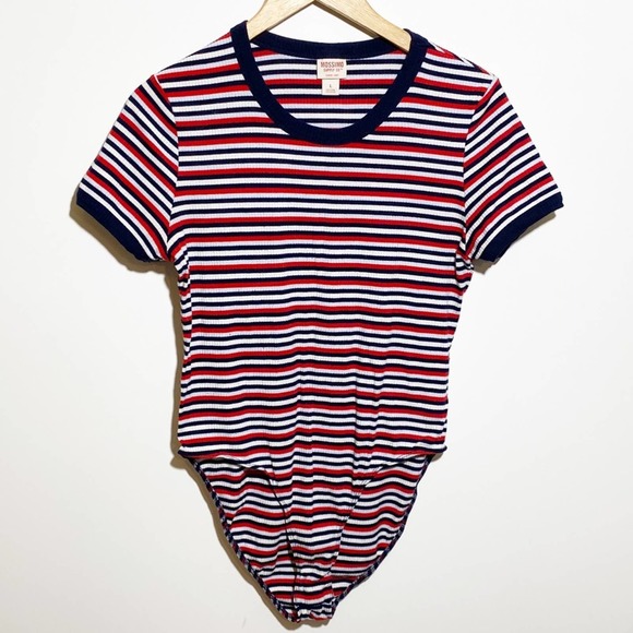 Mossimo Red White Blue Short Sleeve Snap Closure Bodysuit Women’s Size Large - Picture 1 of 4